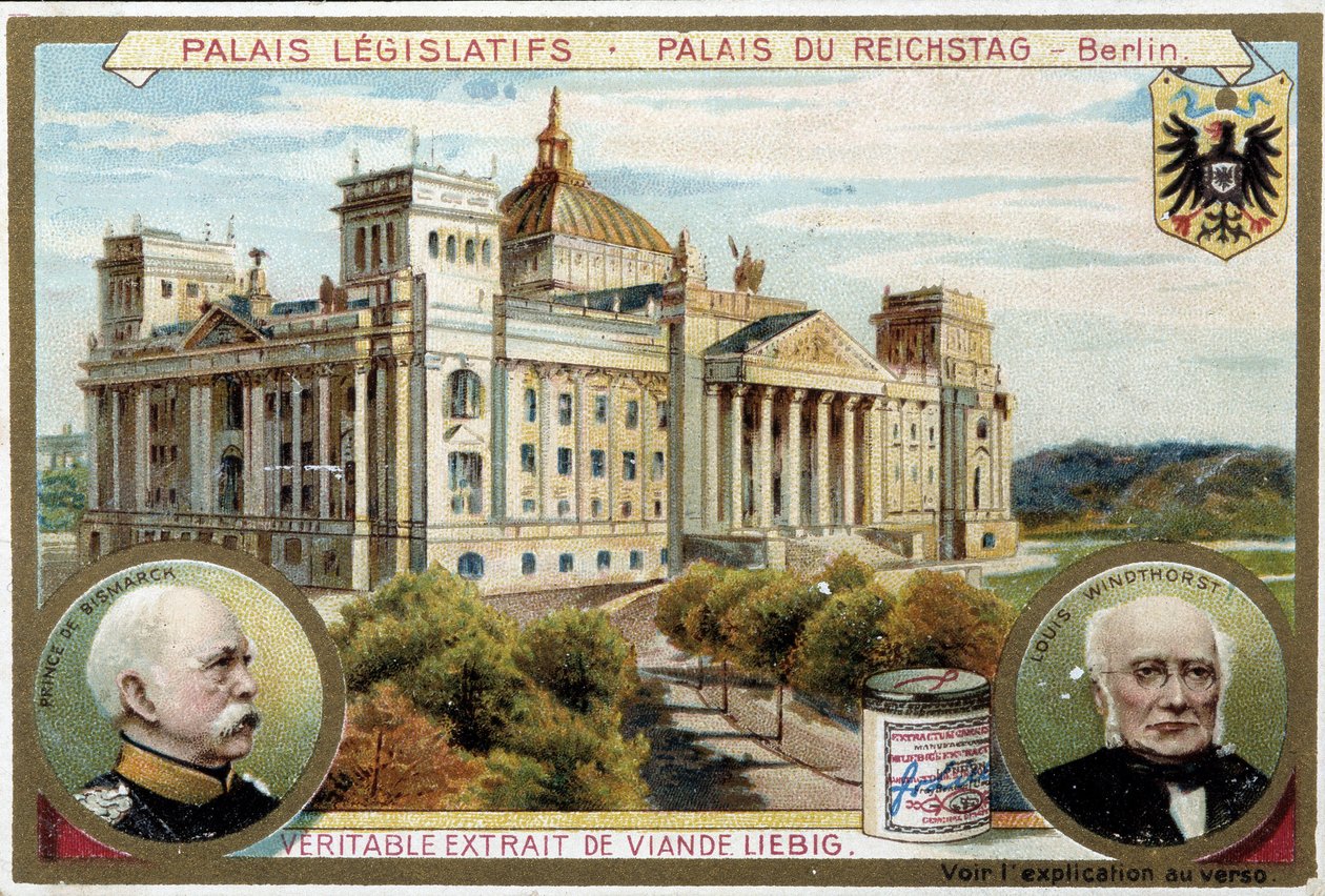 Reichstag-palatsi Berliinissä ja muotokuvia Bismarckista ja Windthorstista - Mainosmerkki Liébig, v.1900 tekijältä Unknown artist
