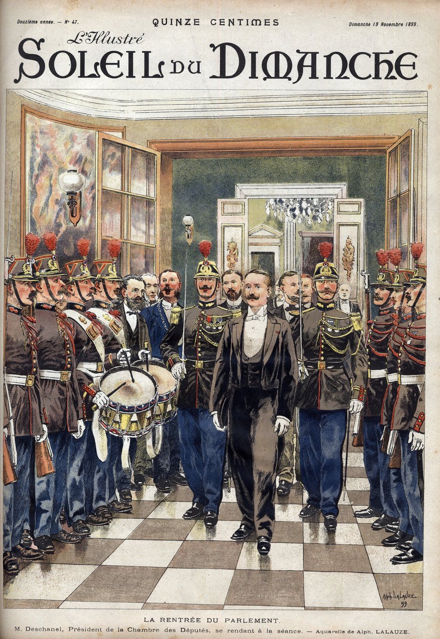 Parlamentin Rentree; Paul Deschanel (1855-1922), edustajainhuoneen puhemies osallistuu istuntoon. Kaiverrus kirjassa "" Le sun-du-dimanche", 19. marraskuuta tekijältä Unknown artist