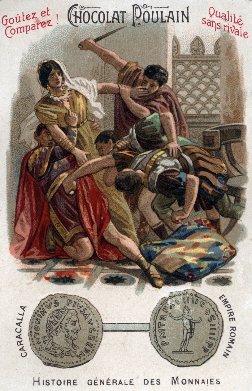 Rooman keisari Caracalla (188-217) murhasi veljensä Getan äitinsä syliin. Kolikoiden yleisessä historiassa. Suklaa-varsa kromolitografia 1800-luvun lopulla. Yksityinen kokoelma. tekijältä Unknown artist