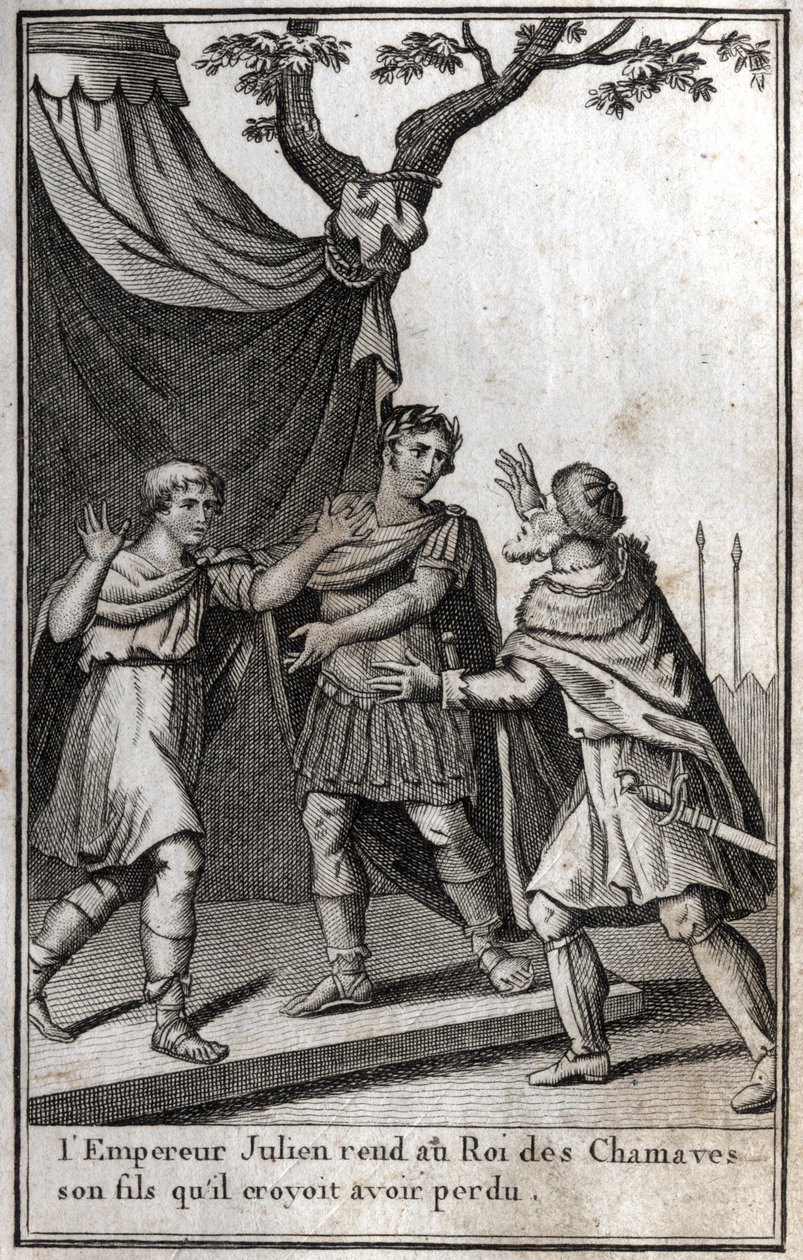 Rooman keisari Julianus (Flavius Claudius Julianus, Julianus luopio, Julianus filosofi, Julianus II) (332-363) antaa takaisin chamaveen germaanisen kansan kuninkaalle poikansa, jonka hän luuli menettäneensä. 4. vuosisadalla. Kaiverrus "Beaute de l tekijältä Unknown artist