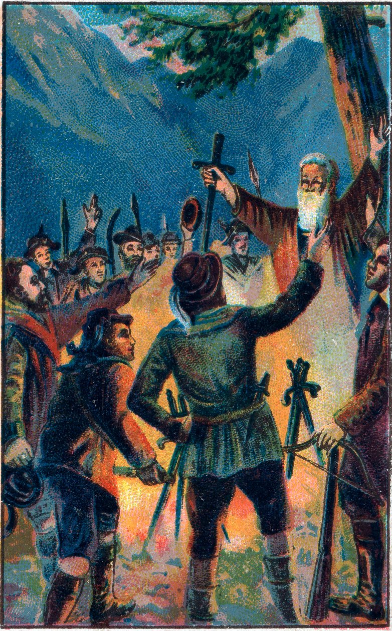 Rutlischwur (Rutlin vala) - vanhan Sveitsin valaliiton legendaarinen vala - Kolme Sveitsin liittovaltiota vannovat uskollisuutta Ruetlille - Le Oath du Grutli (Rutlischwur) (Patto del Grutli) perustava myytti Sveitsin kromikirjoituksesta1307 lopussa tekijältä Unknown artist