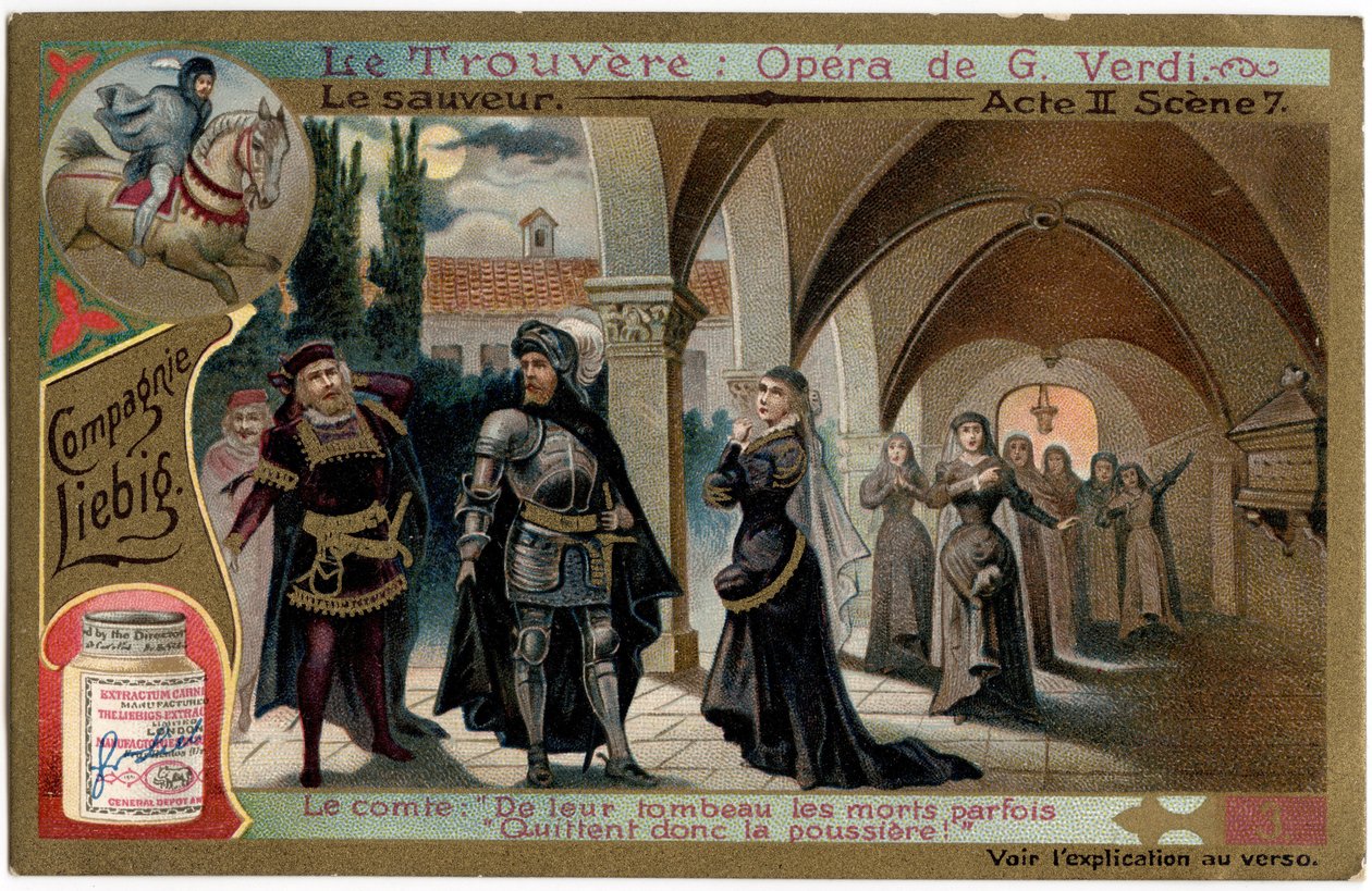 The Save Act II -kohtaus 7. Kuvitus Giuseppe Verdin (1813-1901) oopperalle "" Löytö"" (Il trovatore). Kromolitografia (Chromo) Liebig 1800-luvun lopulta. tekijältä Unknown artist