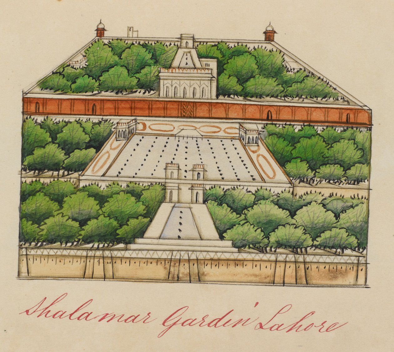 Shalimar Gardens, 5 mailia itään Lahoresta. Kaiverrus: "Shalamar Garden Lahore". tekijältä Unknown artist