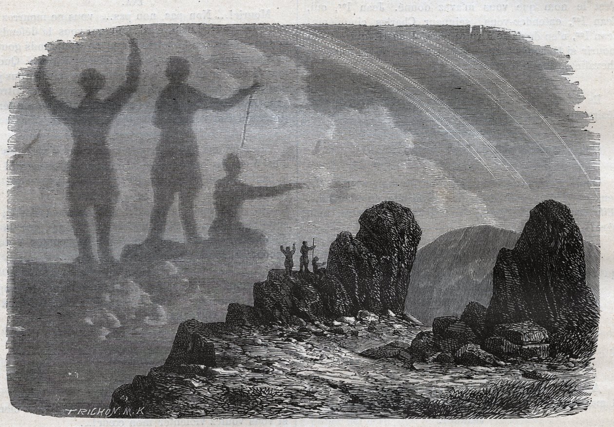Brockenin haamu Harz-vuorilla - Brocken-spektri tai Brocken-spektri - kaiverrus vuodelta 1877 tekijältä Unknown artist