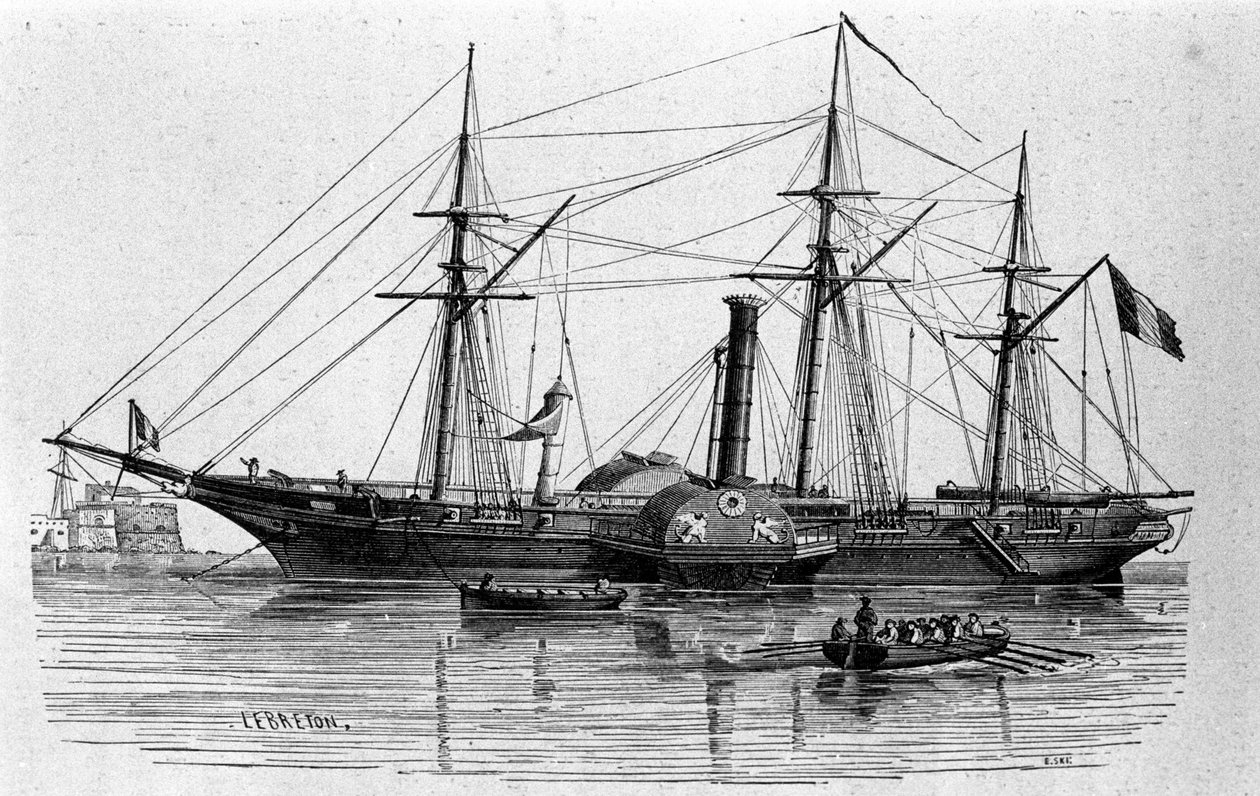 Sfinksi, Ranskan laivaston ensimmäinen höyrylaiva, joka rakennettiin vuonna 1830. Kaiverrus 1800-luvulta. tekijältä Unknown artist