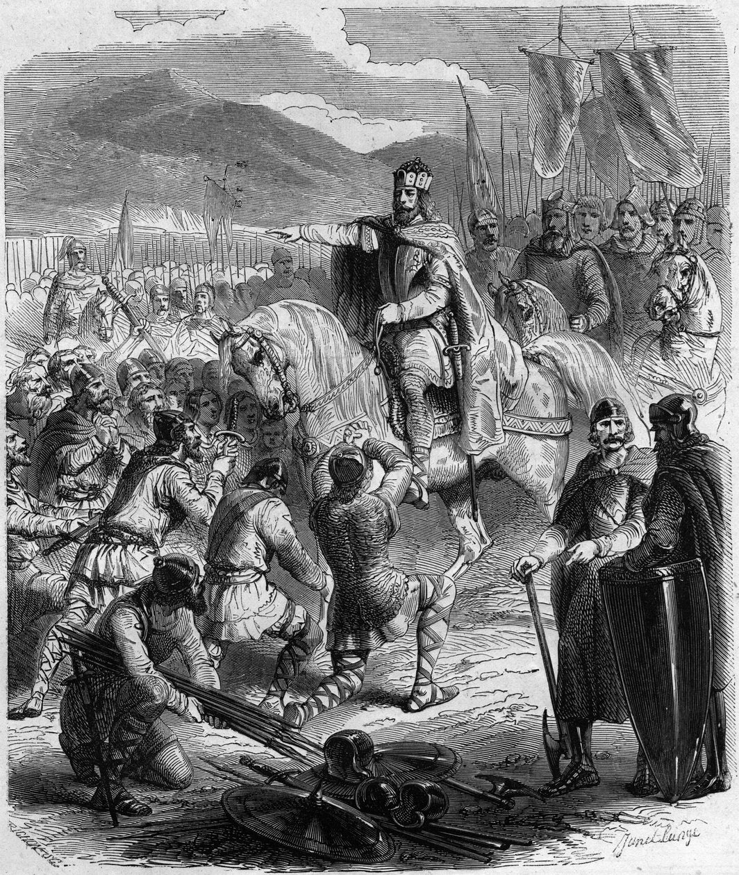 Saksien alistaminen vuonna 785 - Gallian historia keskiajalla: Germanian saksit polvistumassa sotien voittajan kuningas Kaarle Suuren (742 - 814) edessä - Kaiverrus "Histoire De France En Hundred Paintings by Paul Lehugeur" 1891 tekijältä Unknown artist