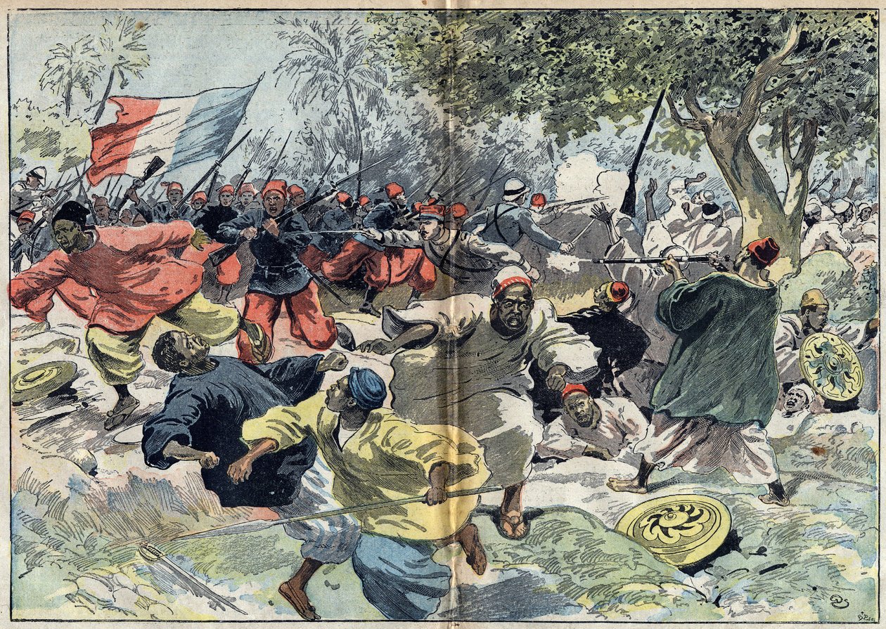 Sudanilaiset Samory Touren (noin 1835-1900) joukot sijoitettiin Cavalby-joen rantojen taakse ranskalaisen siirtokunnan toimesta luutnantti Walfelin alaisuudessa. Sudan, 9. syyskuuta 1898. Kuvitus "" Le Pelerin" -julkaisussa 9. lokakuuta tekijältä Unknown artist