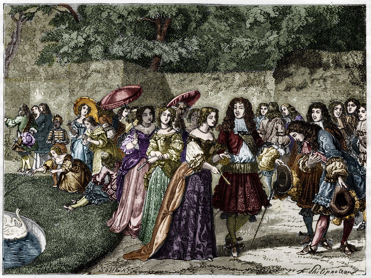 Aurinkokuningas (Louis XIV Versaillesin puutarhassa ympäröi hänen pihaansa). Kaiverrus 1800-luvulta. tekijältä Unknown artist
