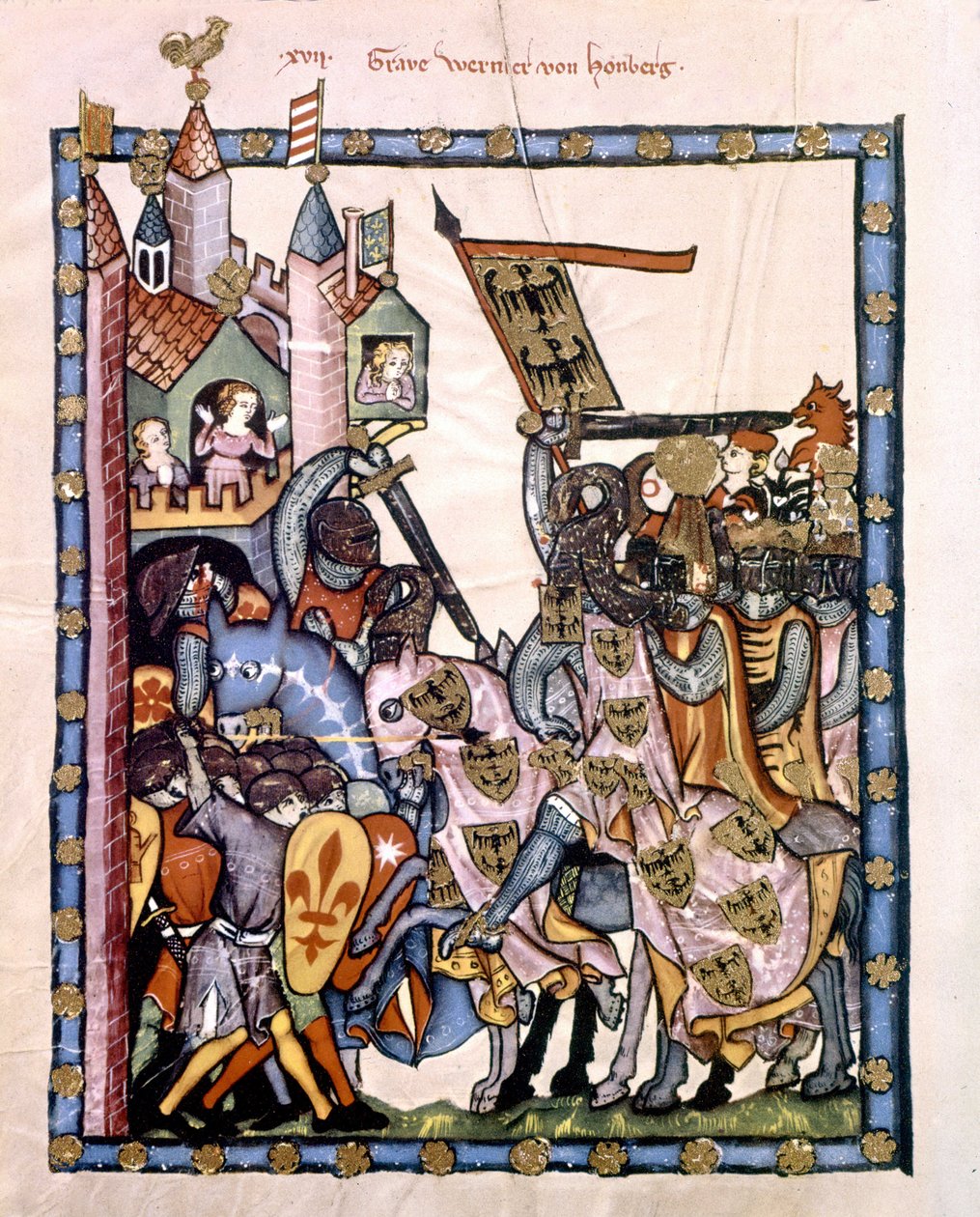 Sveitsiläinen runoilija ja ritari Graf Werner von Homberg (1284-1320) keisari Henrik VII:n palveluksessa piiritti Sisilian Angevin-joukkojen puolustamaa linnoitusta. Miniatyyri Codex "Manesse" tai "Manessesche Liederhandschrift", jonka käsikirjoitus tekijältä Unknown artist
