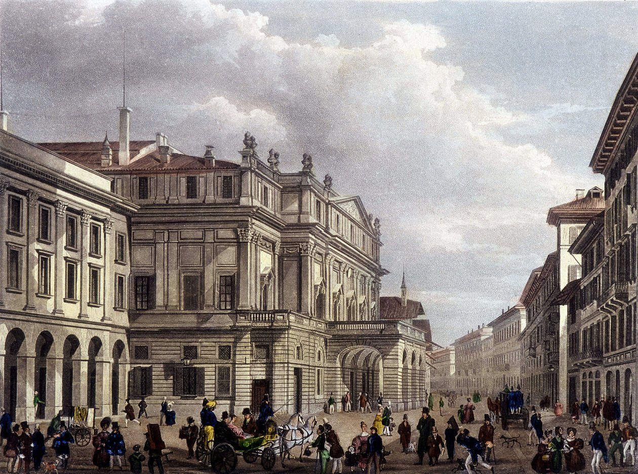 Teatro alla Scala Milanossa 1800-luvun alussa. Kauden kaiverrus. Museo della Scala de Milano tekijältä Unknown artist