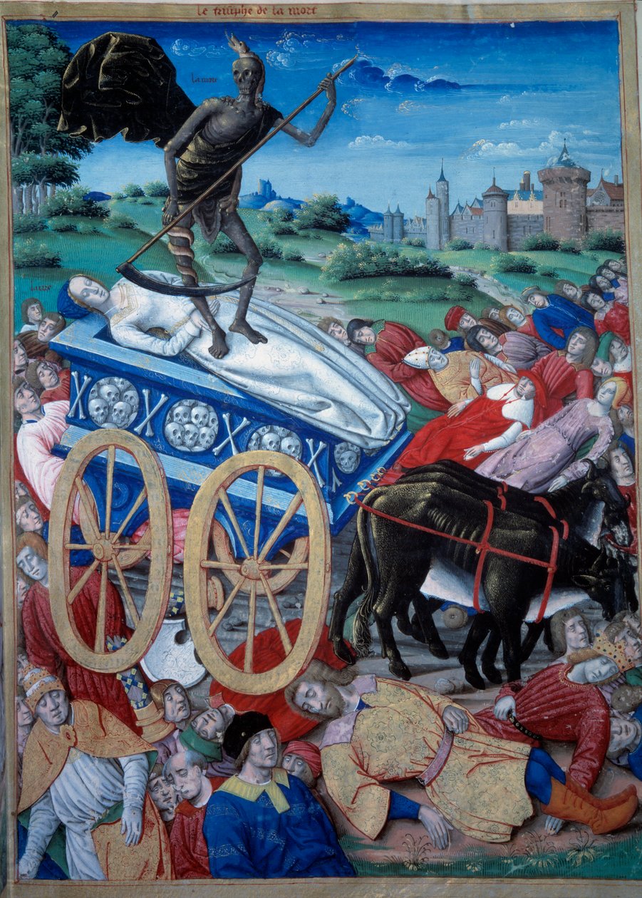 Kuoleman voitto. Allegorinen esitys kuolemasta väärennöksellä koukussa, ruumiit makaavat maassa. Miniatyyri Petrarchin (Francesco Petrarcan) "Triumfit, sonetit ja laulut" tekijältä Unknown artist