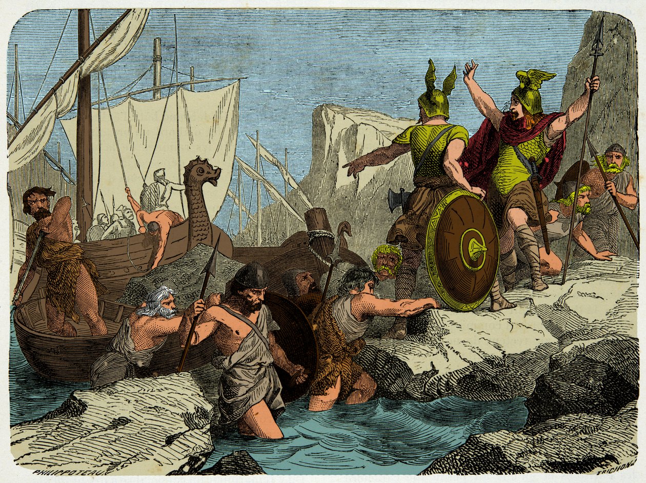 Viikingit kuoriutuvat Ranskan rannikolla vuonna 911, Kaiverrus 1800-luvulta tekijältä Unknown artist