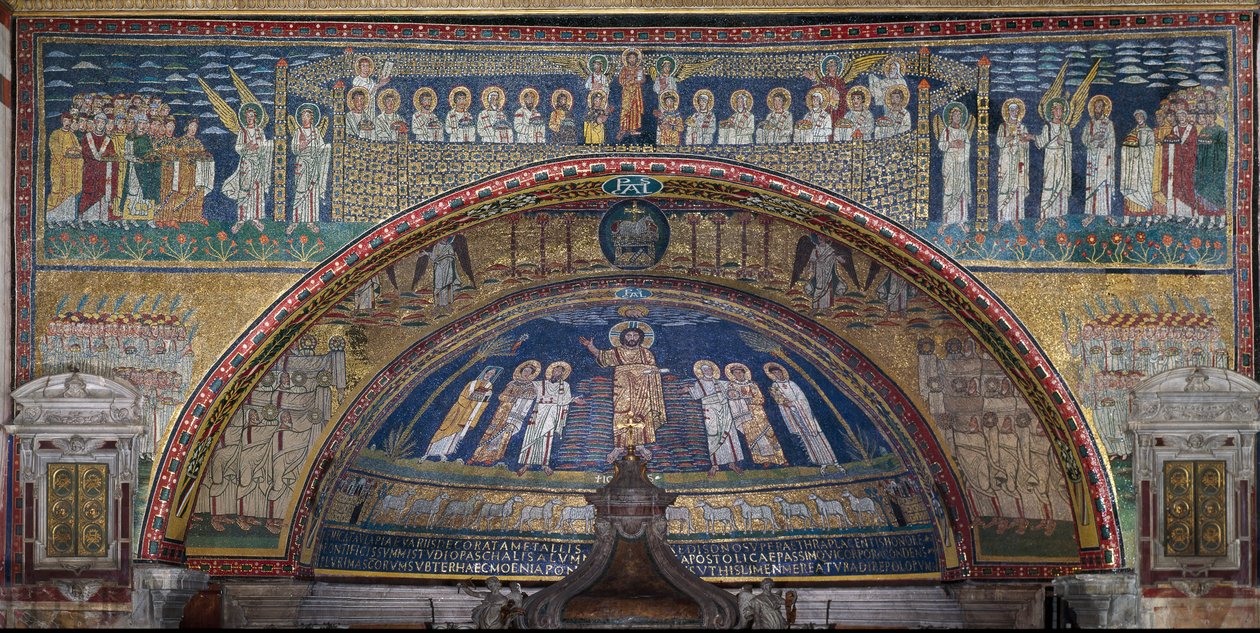 Taivaallisen Jerusalemin visio: Enkelit toivottavat valitut tervetulleiksi. Alla Jumalan karitsa. Yksityiskohta. Mosaiikki noin 830. Santa Prasseden basilikan riemukaari, Rooma tekijältä Unknown artist