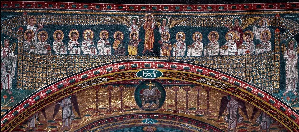 Taivaallisen Jerusalemin visio: Enkelit toivottavat valitut tervetulleiksi. Alla Jumalan karitsa. Yksityiskohta. Mosaiikki noin 830. Santa Prasseden basilikan riemukaari, Rooma tekijältä Unknown artist