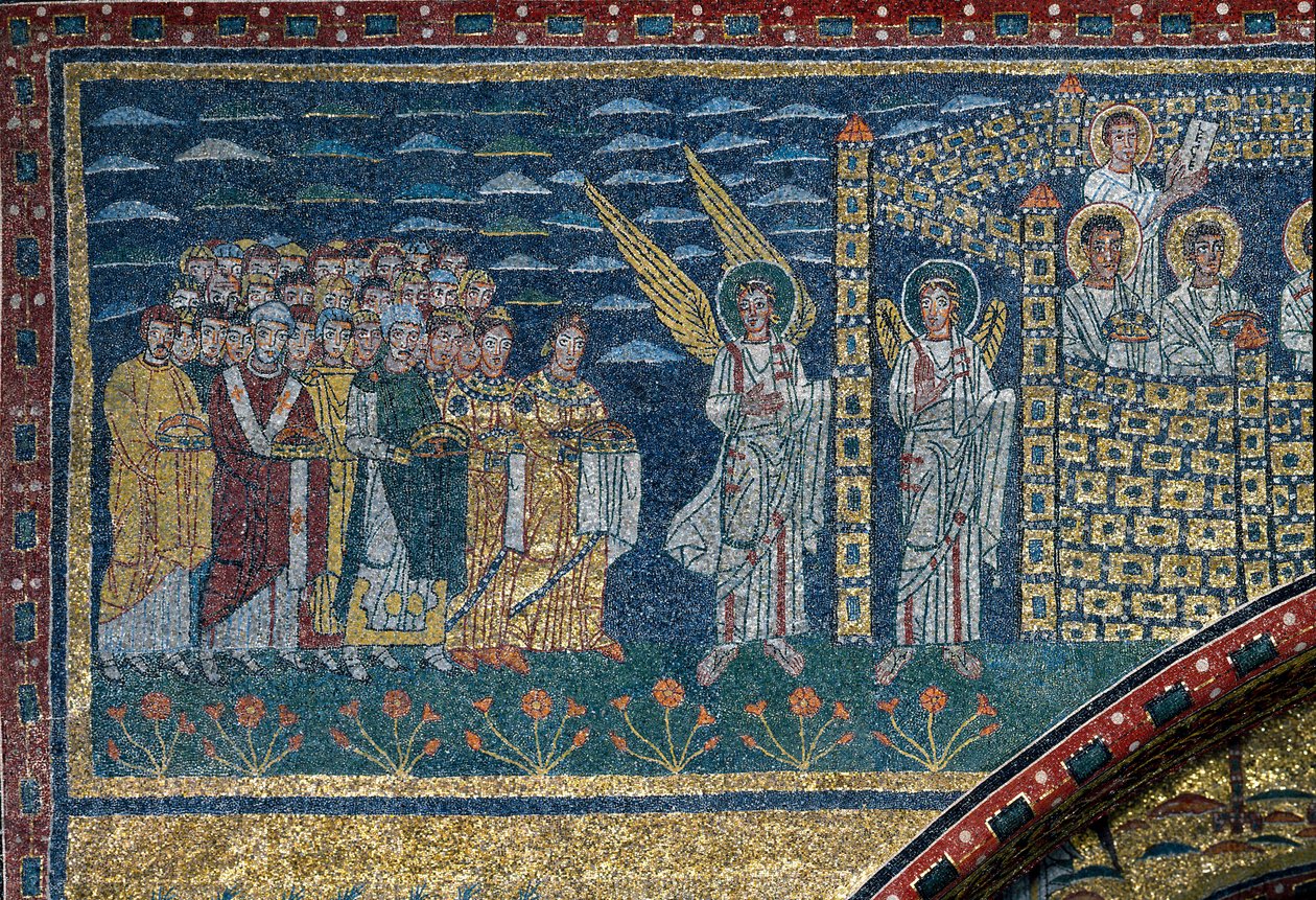 Taivaallisen Jerusalemin visio: Valitut liikkuvat kohti enkelien vartioimaa kaupunkia. Yksityiskohta. Mosaiikki noin 830. Santa Prasseden basilikan riemukaari, Rooma tekijältä Unknown artist