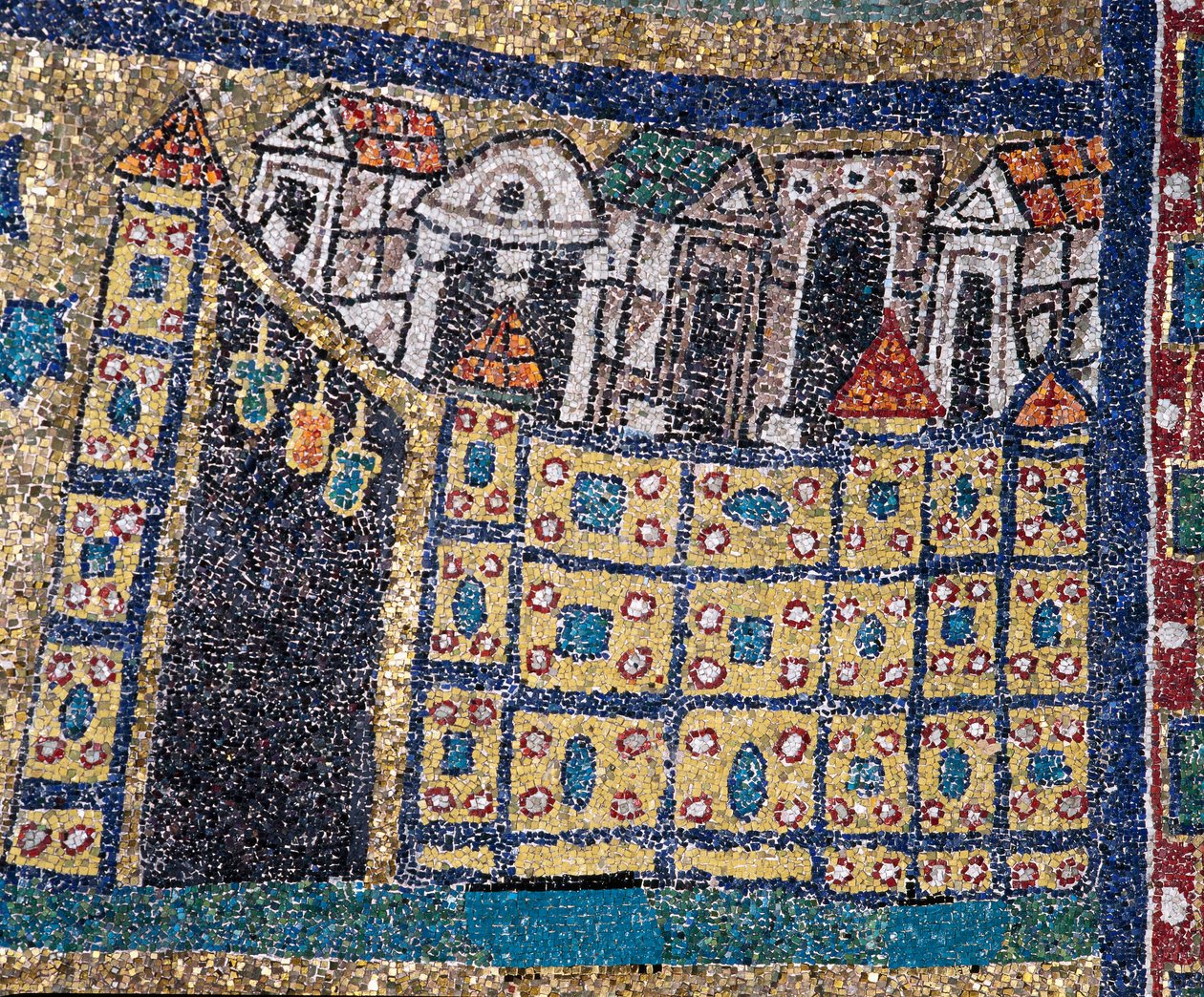 Taivaallisen Jerusalemin visio: yksityiskohta Jerusalemista, joka on esitetty linnoitettuna lainauksena. Mosaiikki noin 830. Santa Prasseden basilikan riemukaari, Rooma tekijältä Unknown artist