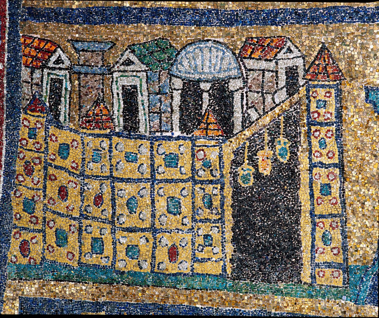 Taivaallisen Jerusalemin visio: yksityiskohta Jerusalemista, joka on esitetty linnoitettuna lainauksena. Mosaiikki noin 830. Santa Prasseden basilikan riemukaari, Rooma tekijältä Unknown artist