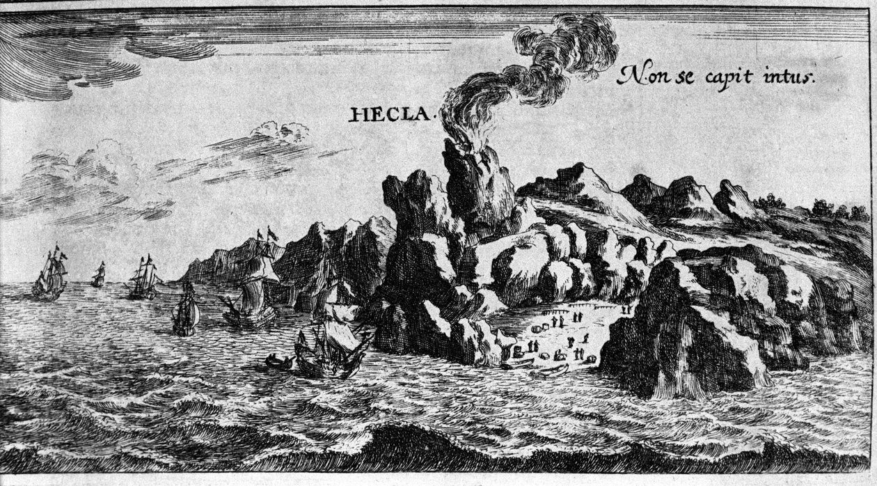 Volca Hekla Islannin rannikolla - Johamm Zahnin teoksessa Maailman ihmeet, sd. 1696. tekijältä Unknown artist