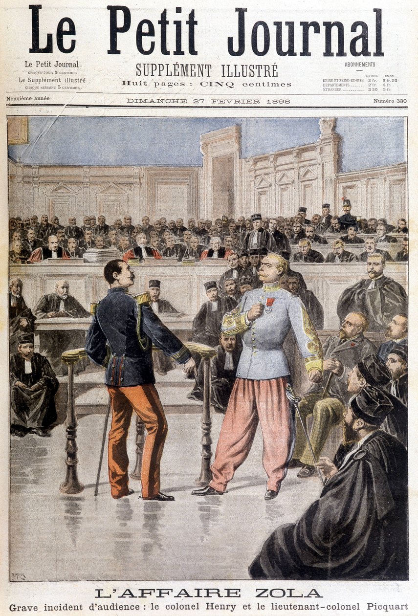Zolan tapaus: Eversti Hubert Henryn (1846-1898) ja everstiluutnantti Georges Picquartin (1854-1914) välinen vakava kuulemistapahtuma - "" Le Petite Journal" -lehdessä 27.2.1898 tekijältä Unknown artist