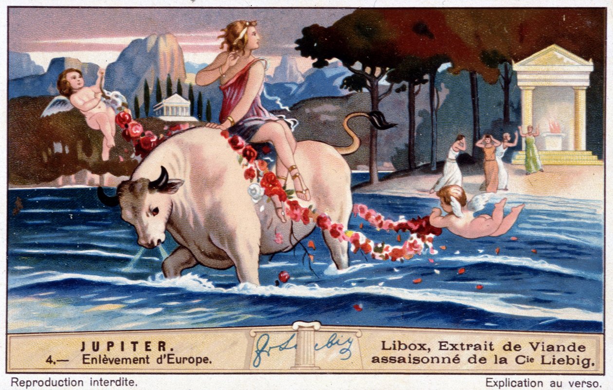 Jupiterin Euroopan sieppaus näyttää valkoiselta härältä - Libox-kromolitografia, tuotettu Liebig tekijältä Unknown artist
