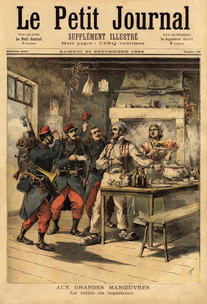 Majoituslippu, jonka armeija tarjoaa sotilailleen kentällä, jotta he voivat pyytää majoitusta siviileiltä. Kaiverrus "" Le petit Journal" -lehdessä 23.9.1893. Selvan kokoelma. tekijältä Unknown artist