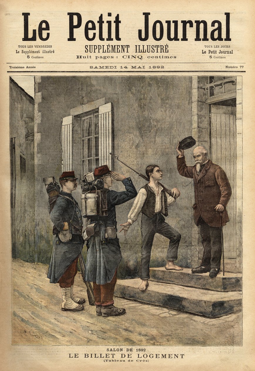Napoleonin aikana voimassa olevan majoituslipun tarjoaa armeija sotilailleen, ja siinä on heberger-sotilaiden nimi ja paikkakunta. Kaiverrus Cresin maalauksen jälkeen Le petit Journalissa tekijältä Unknown artist