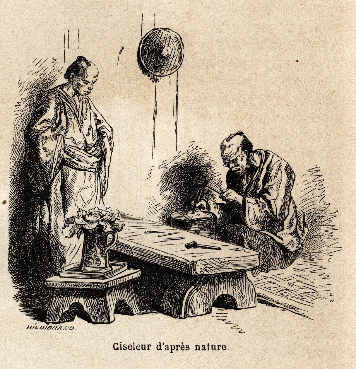 Luonnonjälkeinen talttaaja. Kaiverrus havainnollistamaan matkaa Japaniin vuosina 1863-1864, Sveitsin valaliiton ministeri Aime Humbert, "Le tour du monde, nouveau journal des voyages", julkaistu Edouard Chartonin johdolla. tekijältä Unknown artist