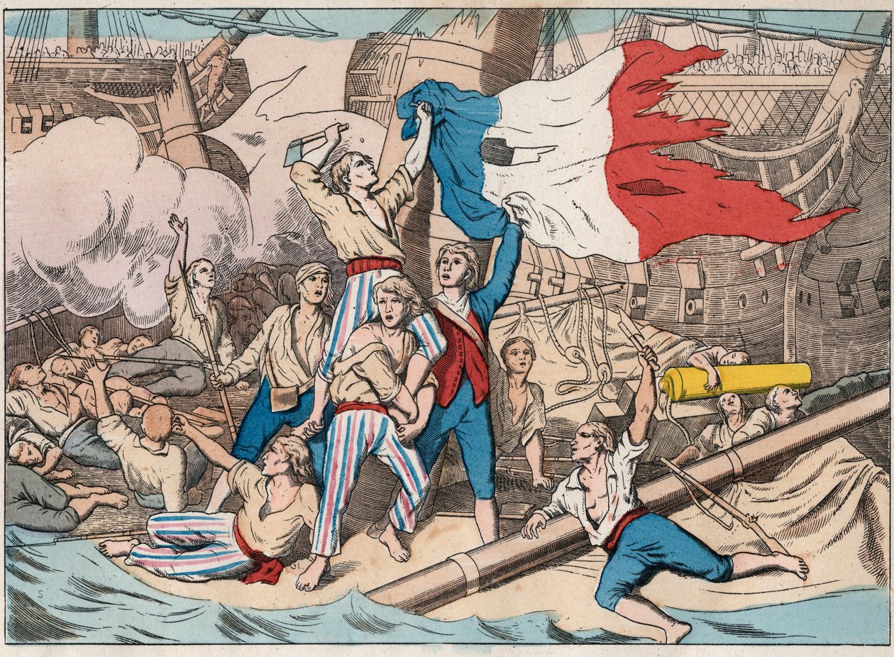 Kolme englantilaista laivaa hyökkäämään "Avenger" -aluksen tuskiin 1. kesäkuuta 1794 meritaistelun aikana 14. Prairal, vuosi II (2. kesäkuuta) tekijältä Unknown artist