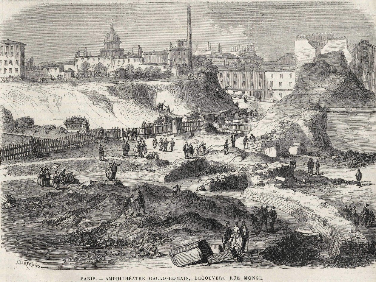 Amfiteatteri Gallo Romain löysi Rue Mongesta Pariisista vuonna 1870, nykyisen Arenes de Lutècen. Kaiverrus 1800-luvulta. tekijältä Unknown artist