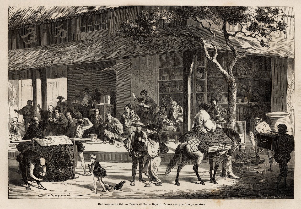 Talon animaatio ja kadun toiminta. Kaiverrus havainnollistamaan matkaa Japaniin vuosina 1863-1864, Sveitsin valaliiton ministeri Aime Humbert "" Le tour du monde, nouveau journal des voyages" -julkaisussa, joka julkaistiin johdolla. tekijältä Unknown artist