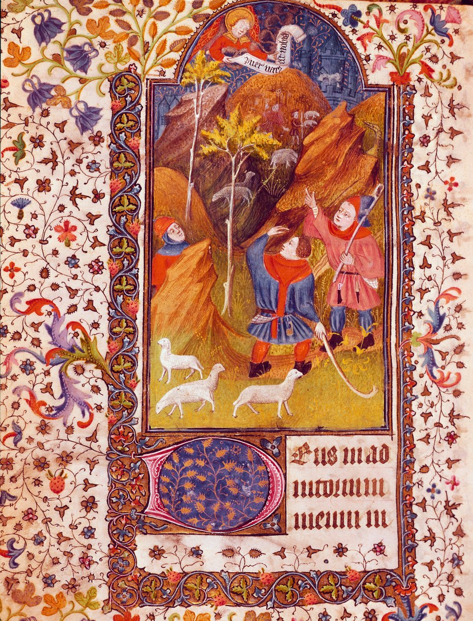 Ilmoitus paimenille Miniatyyri Isabella Kastilialaisen tuntikirjasta, joka tunnetaan nimellä Isabella Iere the Catholic (1451-1504) 1400-luvun Sevilla, Biblioteca Colombina tekijältä Unknown artist