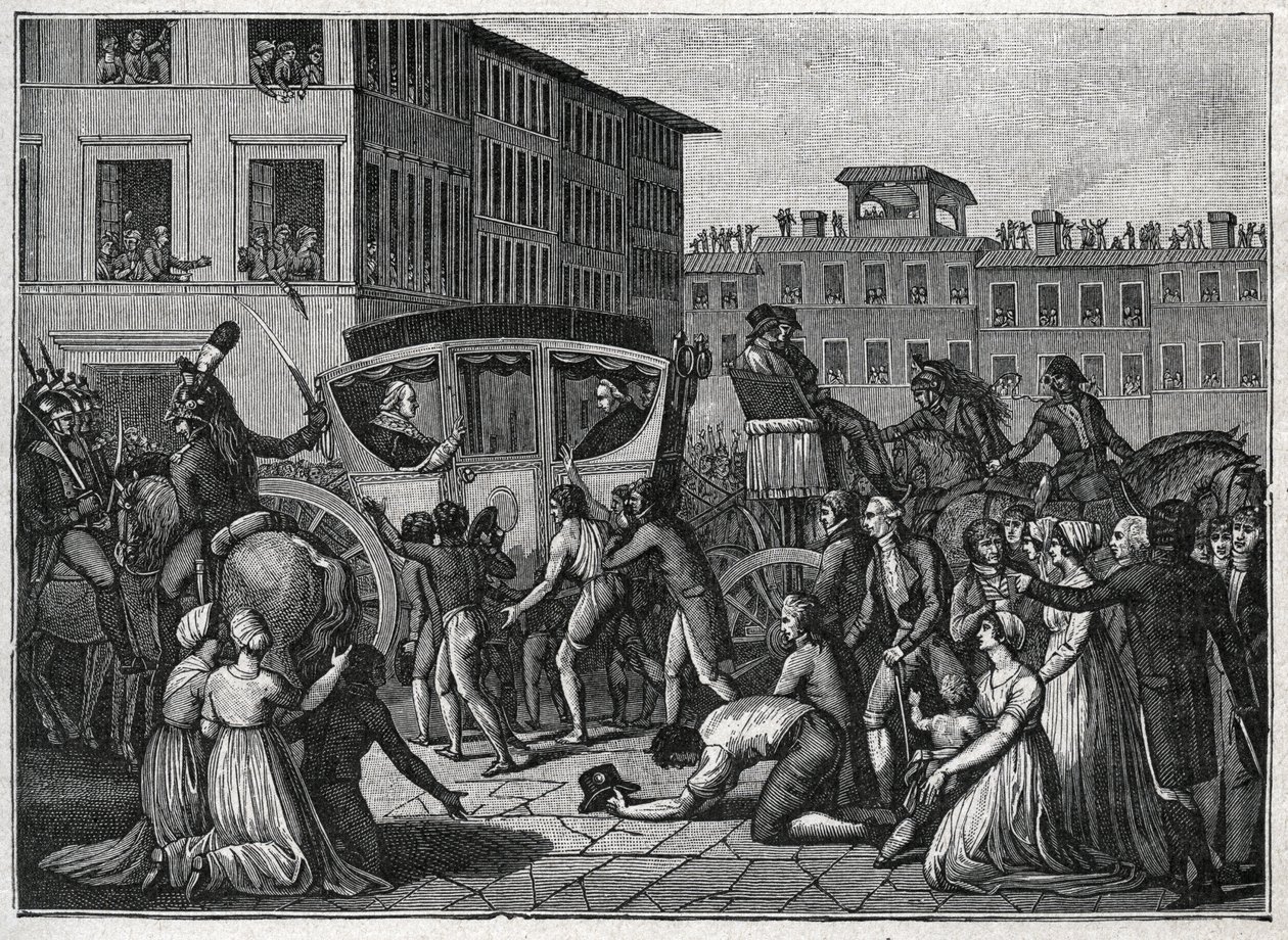 Paavi Pius VI:n (Giovanni Angelo Braschi dit Pius VI, PIO 1717-1799) saapuminen Grenobleen vuonna 1799. Kaiverrus vuodelta 1800. tekijältä Unknown artist