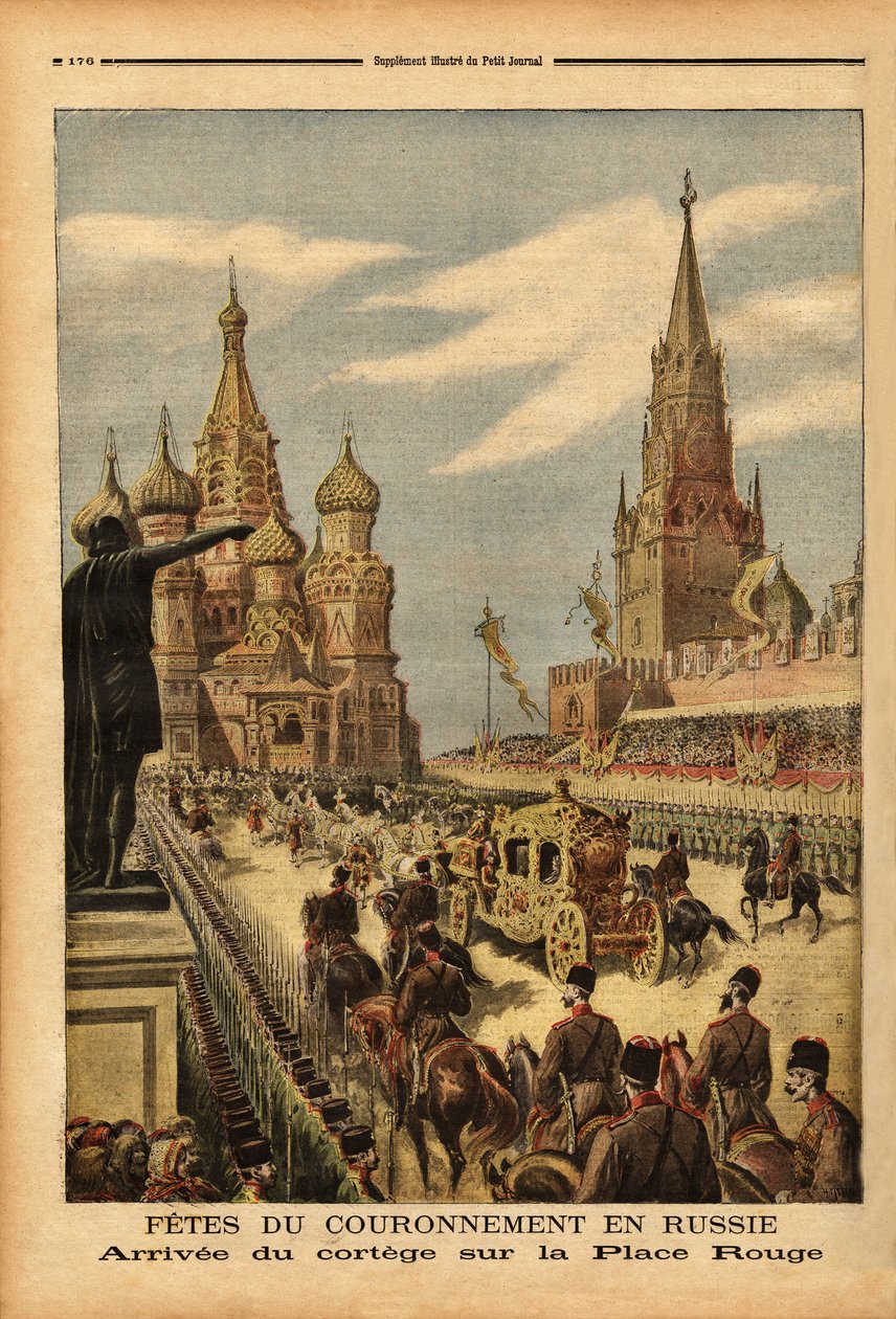 Kortegen saapuminen Punaiselle torille (Moskova) tsaari Nikolai II:n (1868-1918) kruunajaisten yhteydessä. Kaiverrus "" Le petit Journal" -lehdessä 31.5.1896. Selvan kokoelma. tekijältä Unknown artist