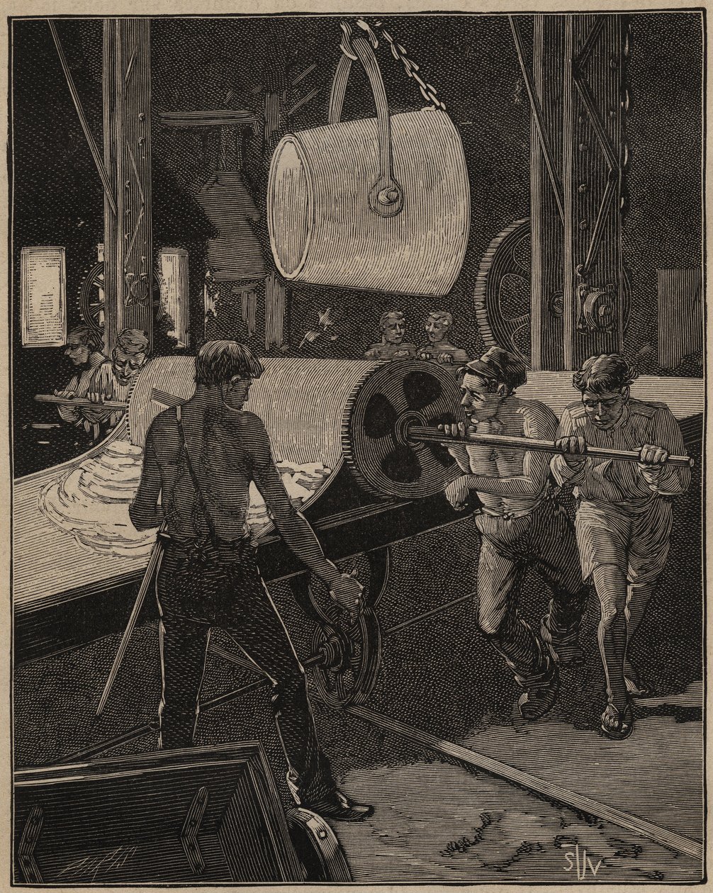 Lasin taito: jäätelön valmistus. Vaihe nimeltä "iso virtaus". Kaiverrus vuodelta 1885 kirjassa "Les arts et metiers illustres", kirjoittanut Adolphe BITARD. tekijältä Unknown artist