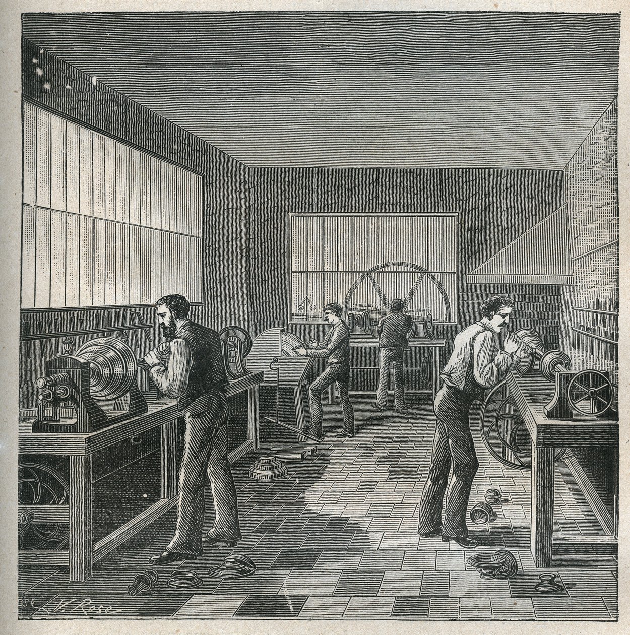Sorvin taidetta: metallityöt sorvausrepellerin pajassa. Kaiverrus vuodelta 1885 kirjassa "Les arts et metiers illustres", kirjoittanut Adolphe BITARD. tekijältä Unknown artist