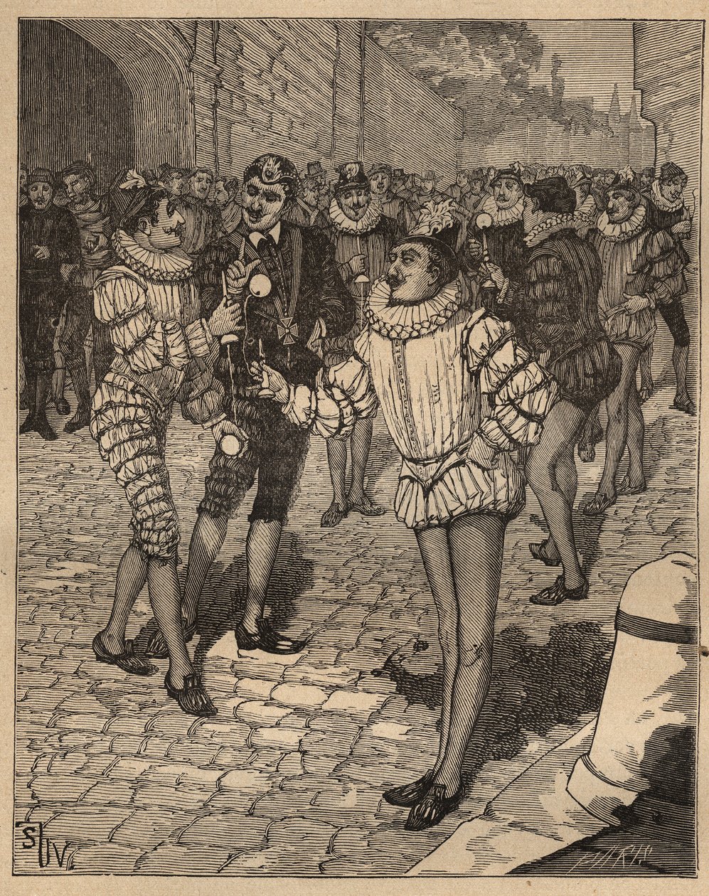 Kääntymistaito: pallo. Kuningas Henrik III (1551-1589) ja hänen söpöläiset leikkivät bilboquettia kadulla. Kaiverrus vuodelta 1885 kirjassa "Les arts et metiers illustres", kirjoittanut Adolphe BITARD. tekijältä Unknown artist