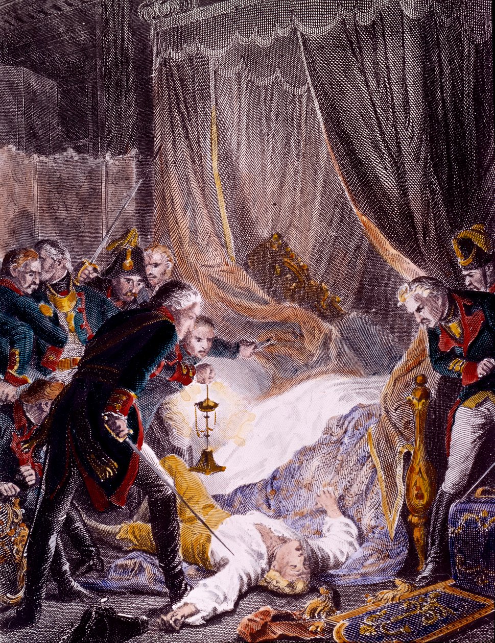 Paavali I Petrovitšin (1754-1801), Venäjän tsaarin salamurha hänen huoneessaan Pyhän Mikaelin palatsissa sen jälkeen, kun hänet oli pakotettu allekirjoittamaan kruununsa. Kaiverrus noin 1801. Yksityinen kokoelma tekijältä Unknown artist