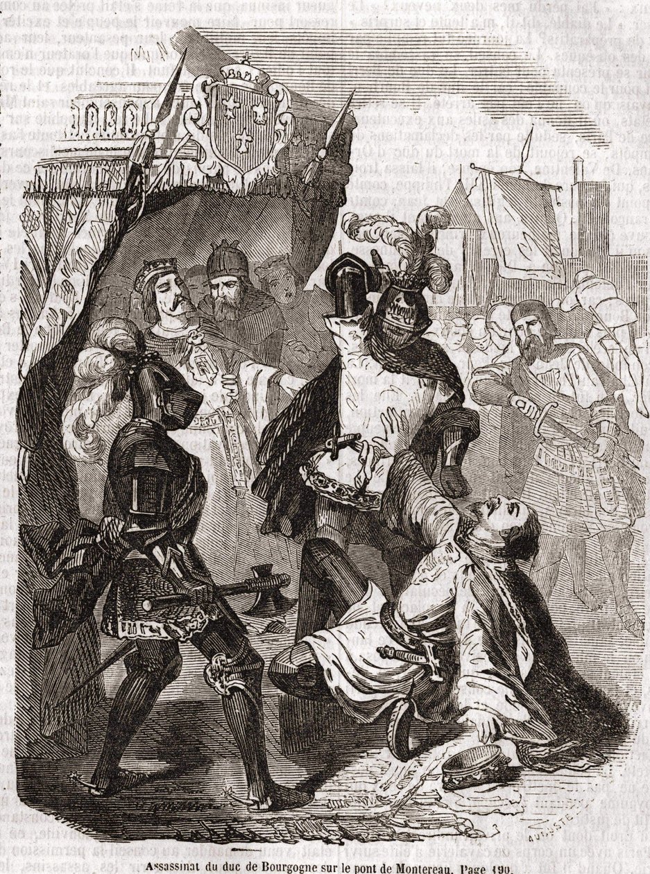 Burgundin herttuan (Jean sans Peur) salamurha Montereaun sillalla - Anquetil, Pariisin historiassa "Histoire de France" tekijältä Unknown artist
