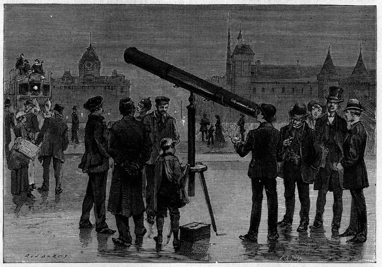 Tähtitieteilijä ja hänen tähtitieteellinen kehys Place du Chatelet -aukiolla Pariisissa Venuksen planeetan havaintojen aikaan helmikuussa 1889. Kaiverrus "" La Nature -kirjaan. Revue des sciences et de ses applications aux arts et a l