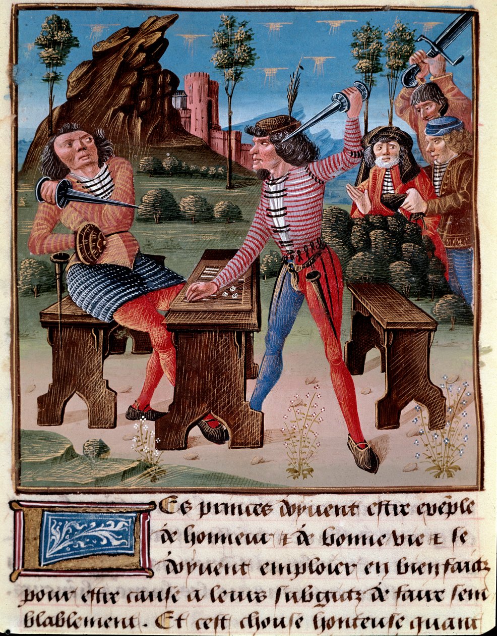 Pelin huonot vaikutukset, varkaus ja tappelu. Kaksi pelaajaa uhkaili aseillaan Miniatyyri Jacques Suuren (1360-1415/1418) Jean Duke of Berrylle omistetusta ”Hyvä maurien kirjasta” tekijältä Unknown artist