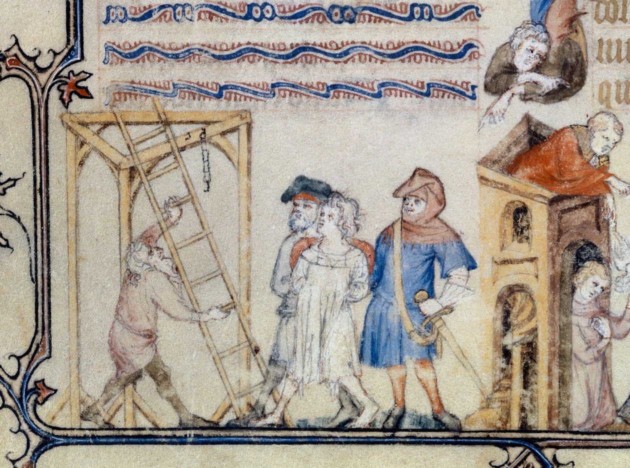 "hirtettyjen balladi". Miniatyyri, joka kuvaa Francois de Moncorbier dit Villonin (1431/1432-1463) runoa. 1400-luku (pienikokoinen) tekijältä Unknown artist