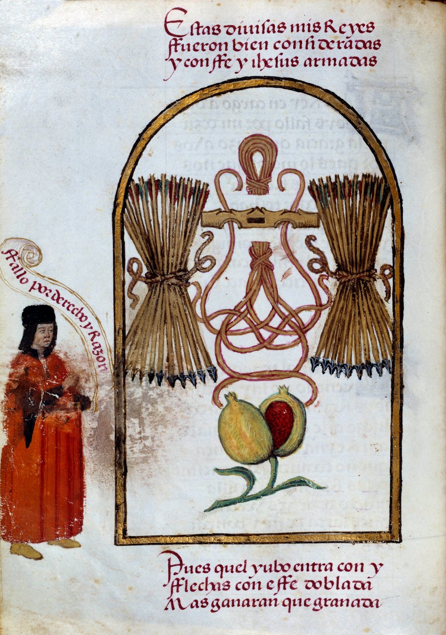 Ranneke ja nuolet. Katolisten kuninkaiden tunnus (miniatyyri Pedro Marcuellon teoksessa "" Devotorio de la Reyna Da Juana a Quen Llamaron la Loca") tekijältä Unknown artist