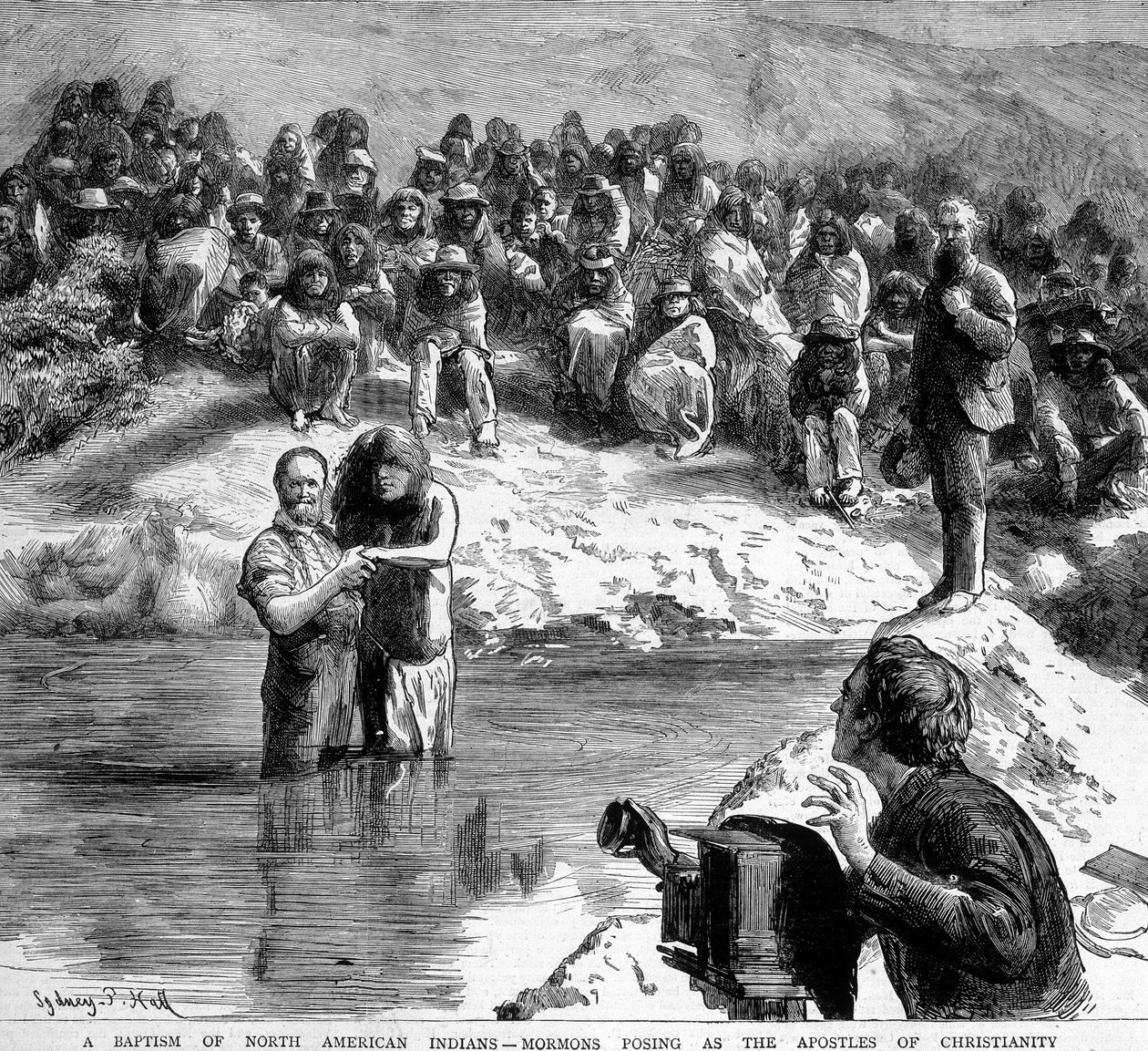 Pohjois-Amerikassa intialaisen kaste mormonin toimesta, joka esiintyy kameran edessä kristinuskon apotereina. Kuva 1800-luvulta. tekijältä Unknown artist