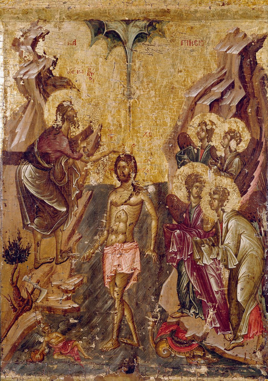 Kristuksen kasteen ikoni 1200-luvulla. Ohrid, Pyhän Clementin kirkon ikonien galleria (Saint-Clement-Sainte-Virge-Perivleptos), Makedonia tekijältä Unknown artist