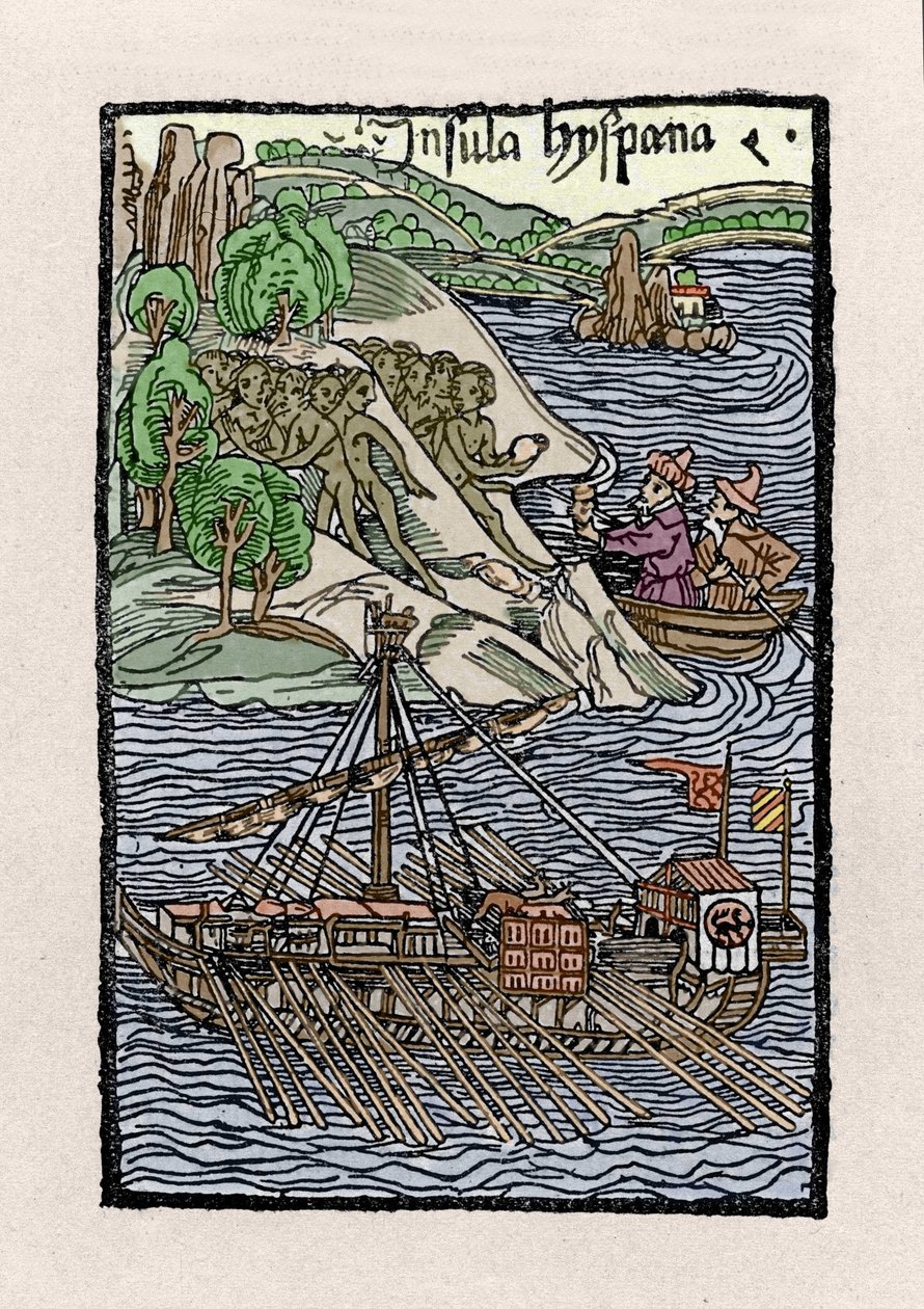 Christopher Columbuksen (1451-1506) haukku Hispaniolassa. Kaiverrus kirjasta "" De insulis in mare Indico super inventis", Bale 1493-1494 (Latinalainen käännös Kolumbuksen raportista Espanjan kuninkaalle). tekijältä Unknown artist
