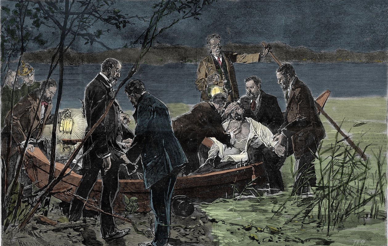 Baviere Wittelsbachin (1845-1886) Louis (Ludwig) II:n ruumis hukkui tohtori Guddenin kanssa Starnberg-järvestä lähellä Bergin linnaa kesäkuussa 1886 Kaiverrus tekijältä Unknown artist