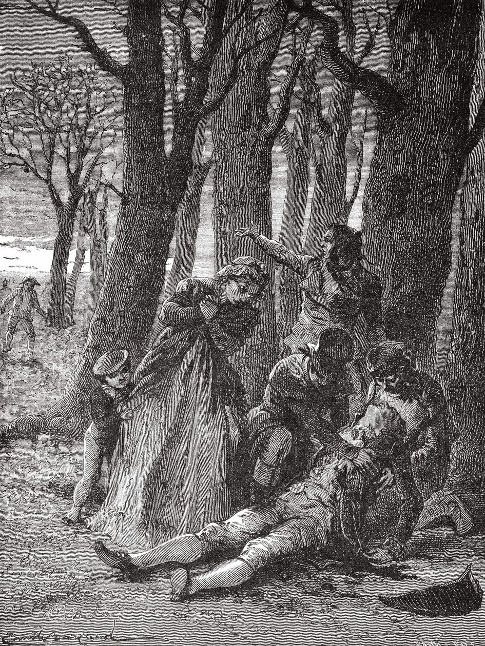 Philippe Lebonin (1769 - 1804) ruumis, joka on lävistetty kolmellatoista puukotuksella Champs-Elysées