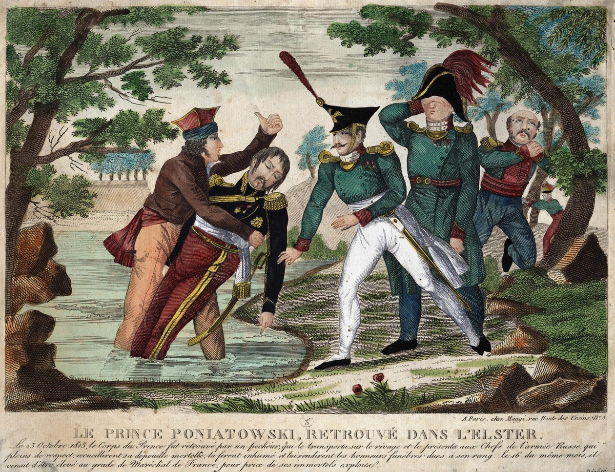 Eelster-joesta 23. lokakuuta 1813 löydetty prinssi Joseph (Jozef) Antoni Poniatowskin ruumis (v. 1763), sen ajan kaiverrus tekijältä Unknown artist