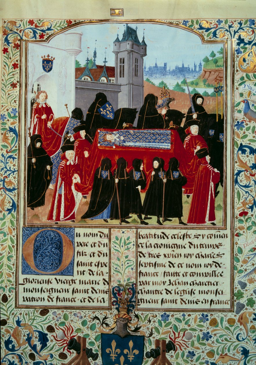 Edesmenneen kuningas Kaarle VI:n (1368-1422) ruumis viedään pois, kulkueen takana uusi kuningas Kaarle VII (1403-1461) 22.10.1422 pienoismalli käsikirjoituksesta "" Kaarle VII:n kronikat"" (Ms. . fr. 2691), kirjoittanut Jean Chartier tekijältä Unknown artist