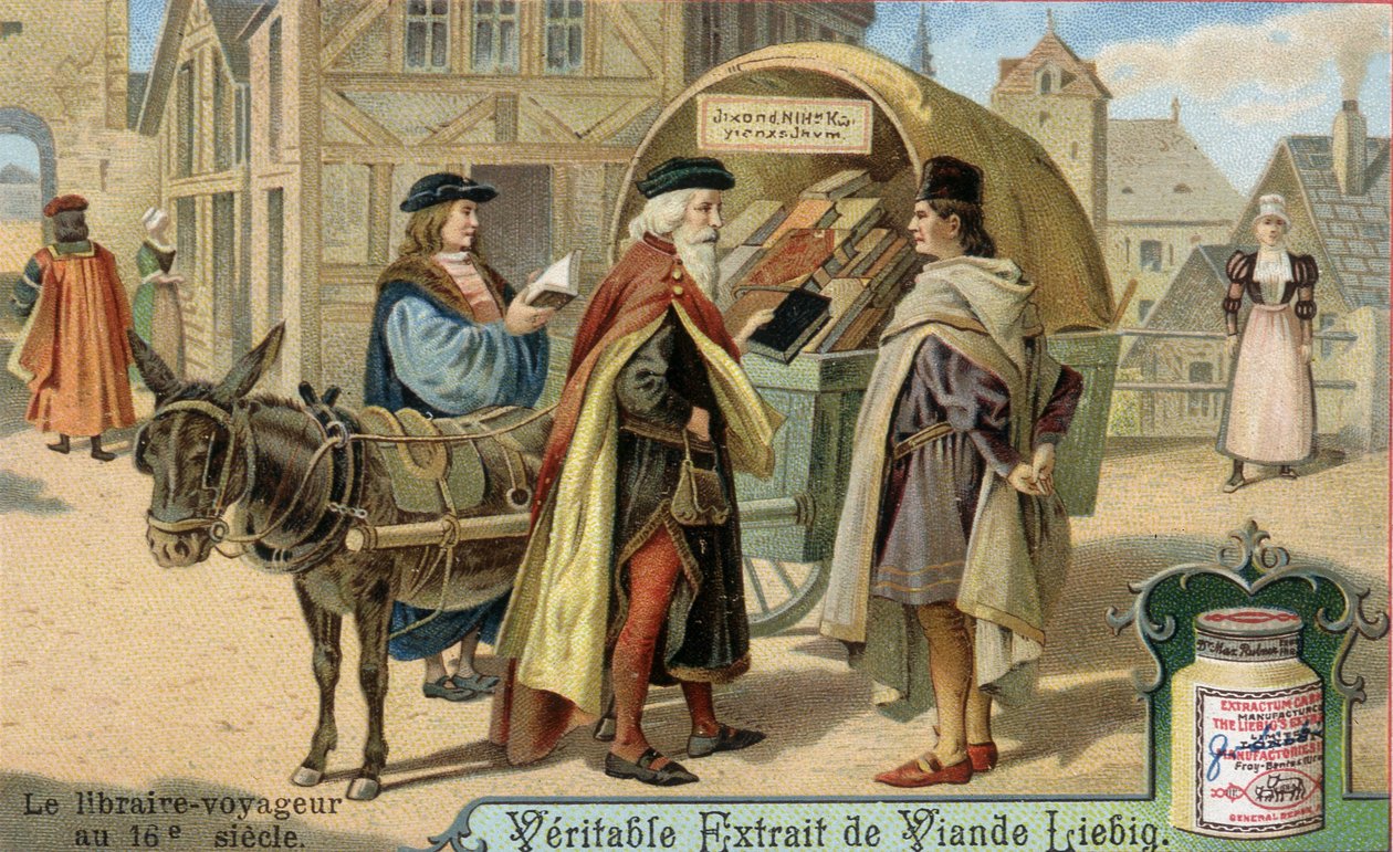 Kirjakauppias ja hänen matkakirjakauppansa 1500-luvulla. Kromolitografia, Liebig-kuva. tekijältä Unknown artist